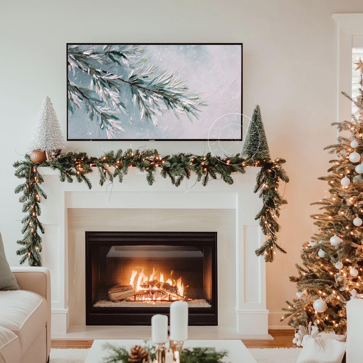 Snowy Pine Tv Art, Digital Download Art for Frame Tv, Winter Tv Art, Winter Florals Tv Art, Painting Frame Tv Art