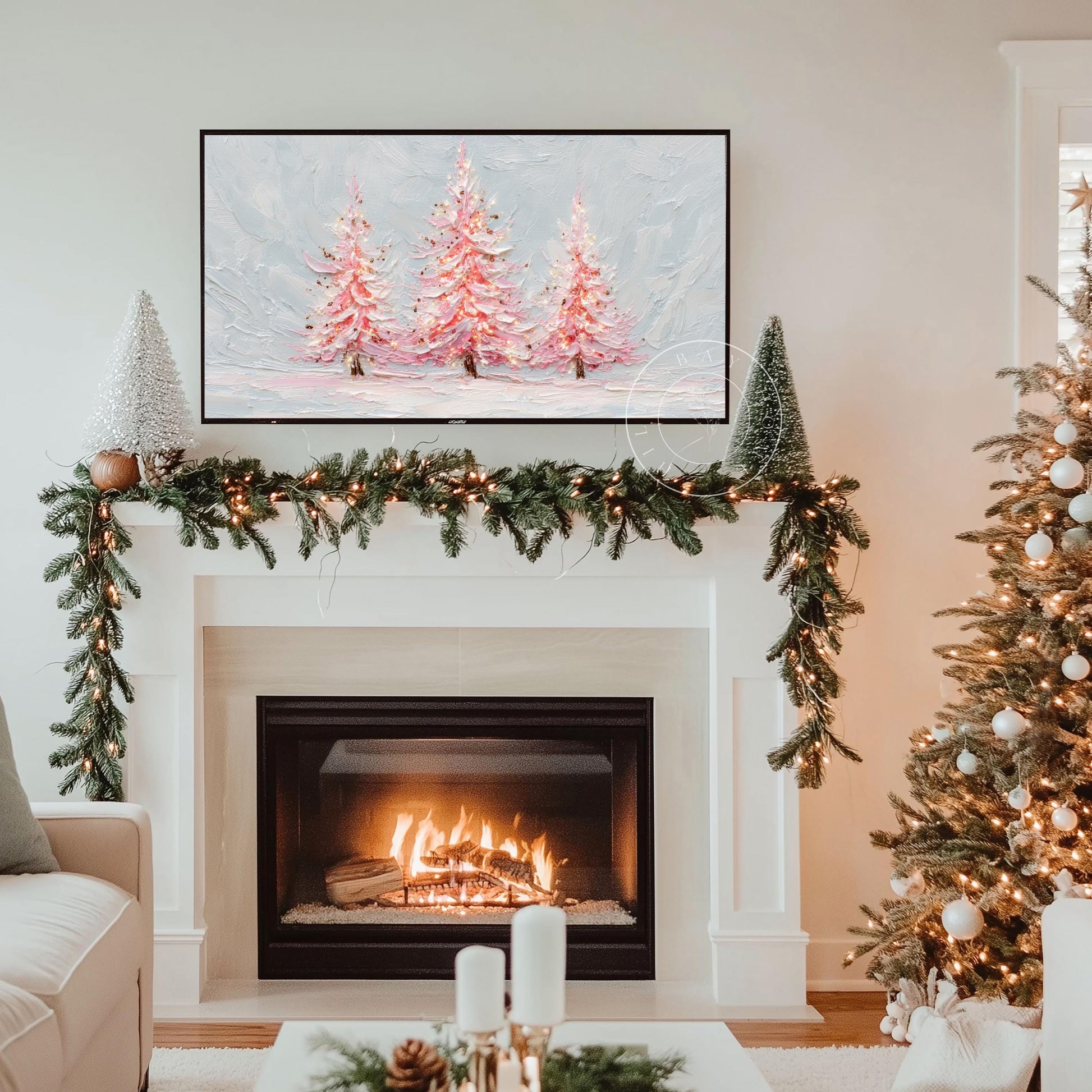 Pink Christmas Trees Tv Art, Digital Download Art for Frame Tv, Winter Tv Art, Pink Christmas Tv Art, Painting Frame Tv Art