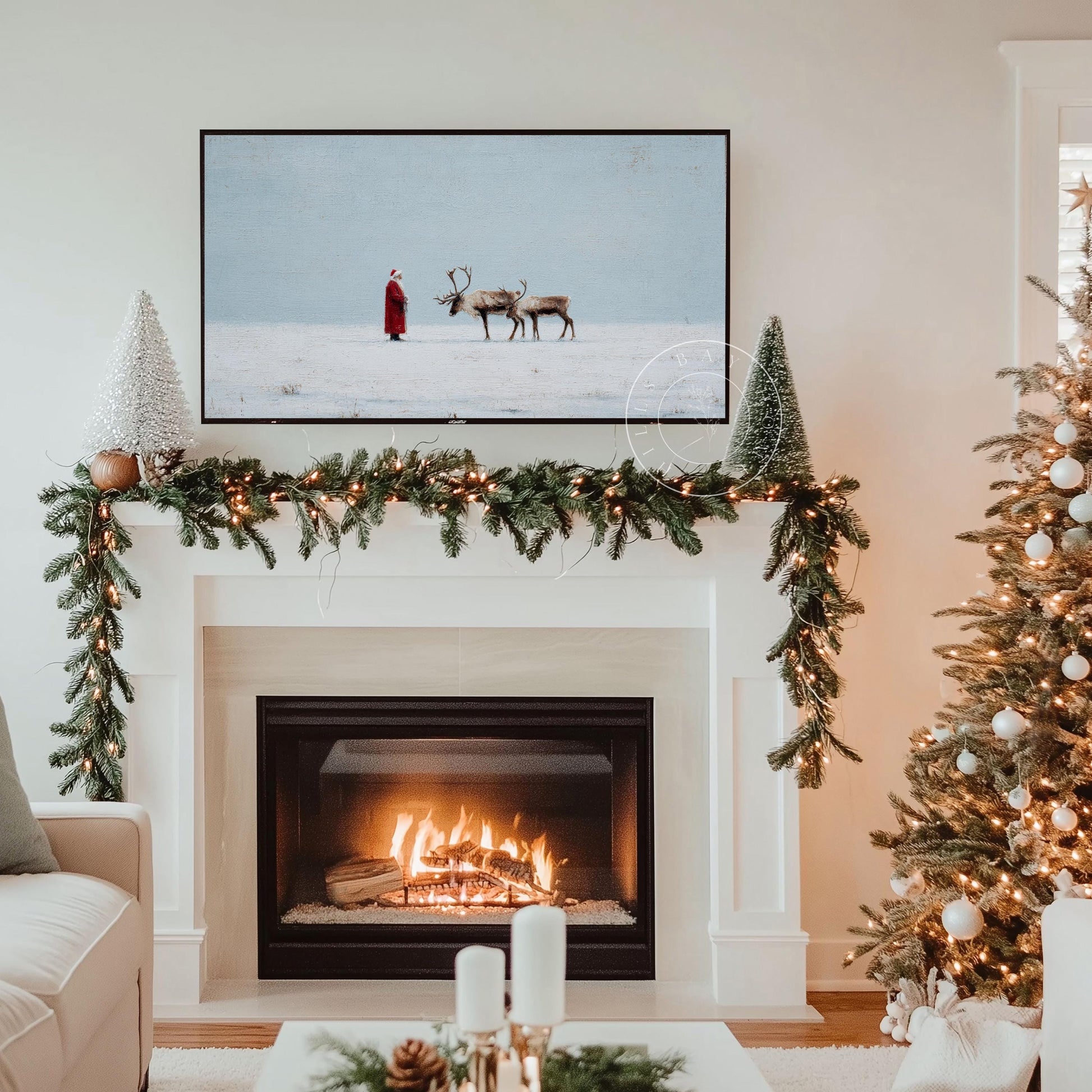 Santa and Reindeer in Snow Tv Art, Digital Download Art for Frame Tv, Winter Tv Art, Christmas Tv Art, Painting Frame Tv Art
