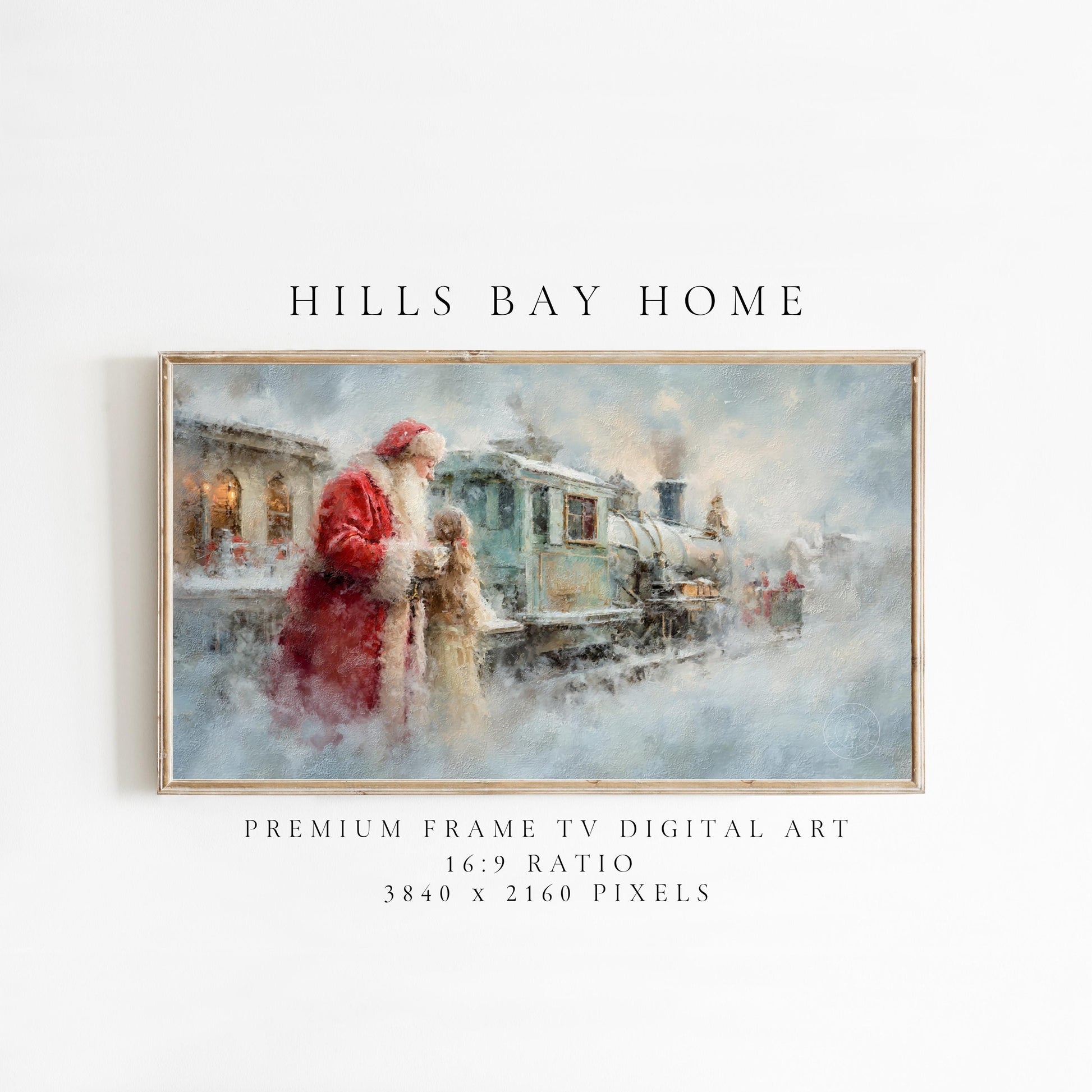 Santa Christmas Train in Snow Tv Art, Digital Download Art for Frame Tv, Winter Tv Art, Christmas Tv Art, Painting Frame Tv Art