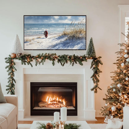 Coastal Santa Frame Tv Art, Digital Download Art for Frame Tv, Christmas Tv Art, Snowy Beach Tv Art, Painting Frame Tv Art