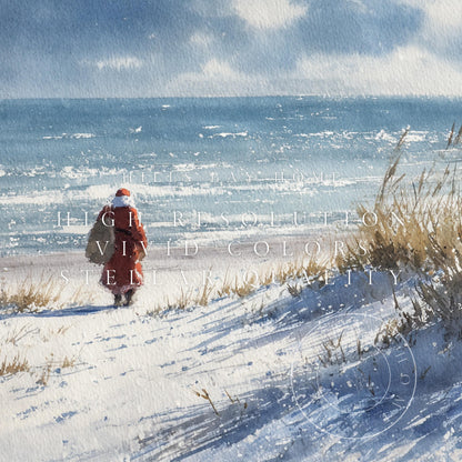 Coastal Santa Frame Tv Art, Digital Download Art for Frame Tv, Christmas Tv Art, Snowy Beach Tv Art, Painting Frame Tv Art