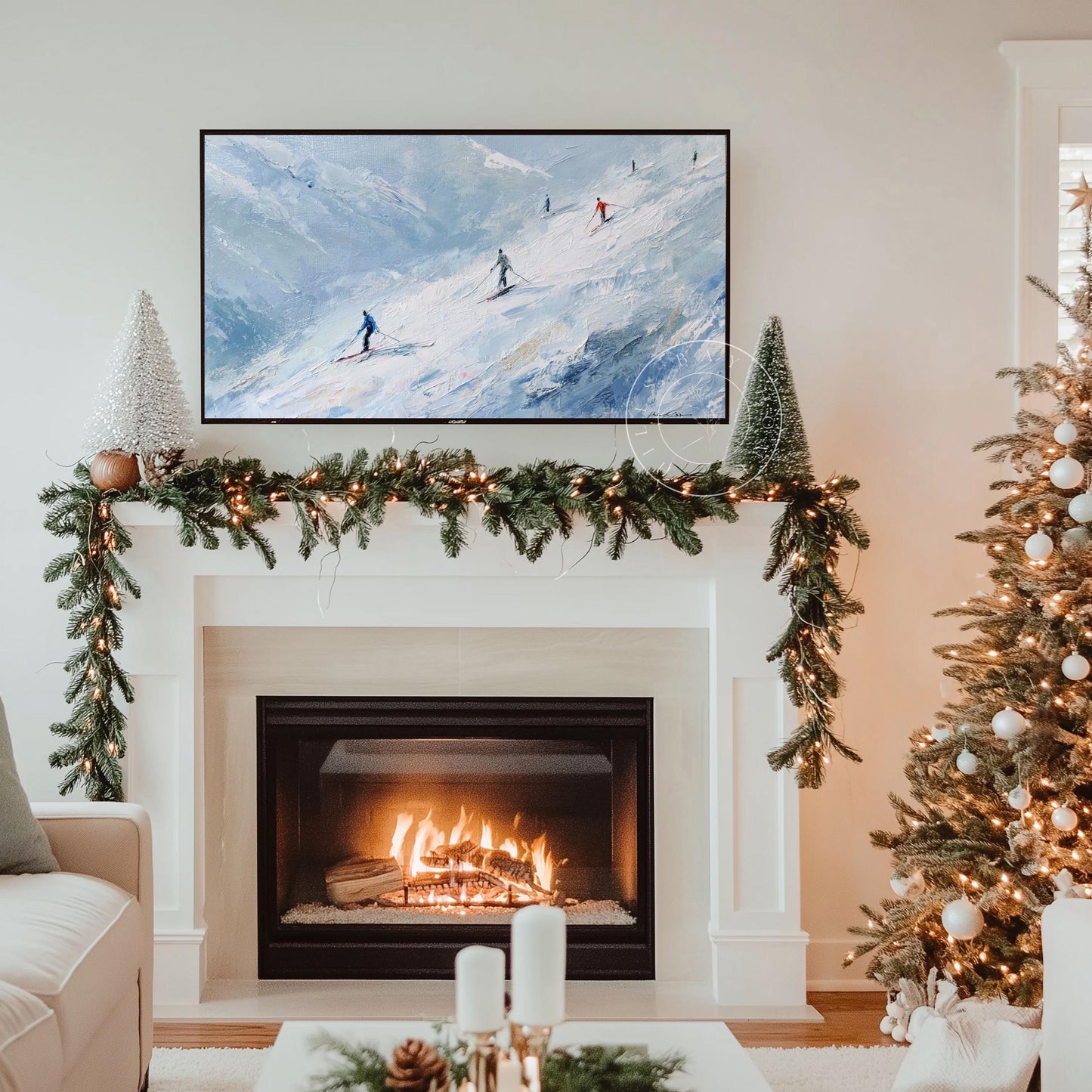 Skiing Frame Tv Art, Digital Download Art for Frame Tv, Winter Tv Art, Skiers Tv Art, Painting Frame Tv Art
