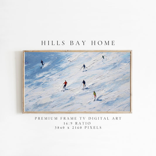 Ski Frame Tv Art, Digital Download Art for Frame Tv, Winter Tv Art, Skiers Tv Art, Painting Frame Tv Art