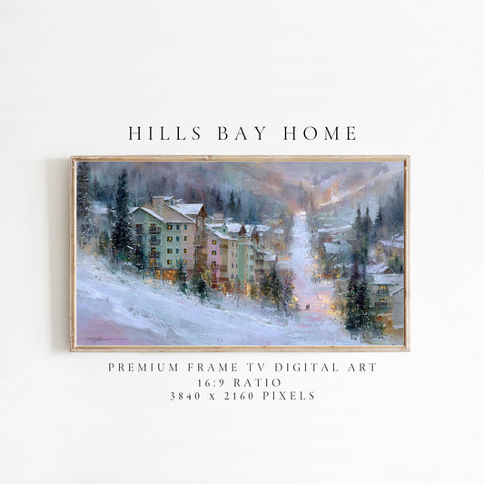 Ski Village Frame Tv Art, Digital Download Art for Frame Tv, Winter Tv Art, Ski Tv Art, Painting Frame Tv Art