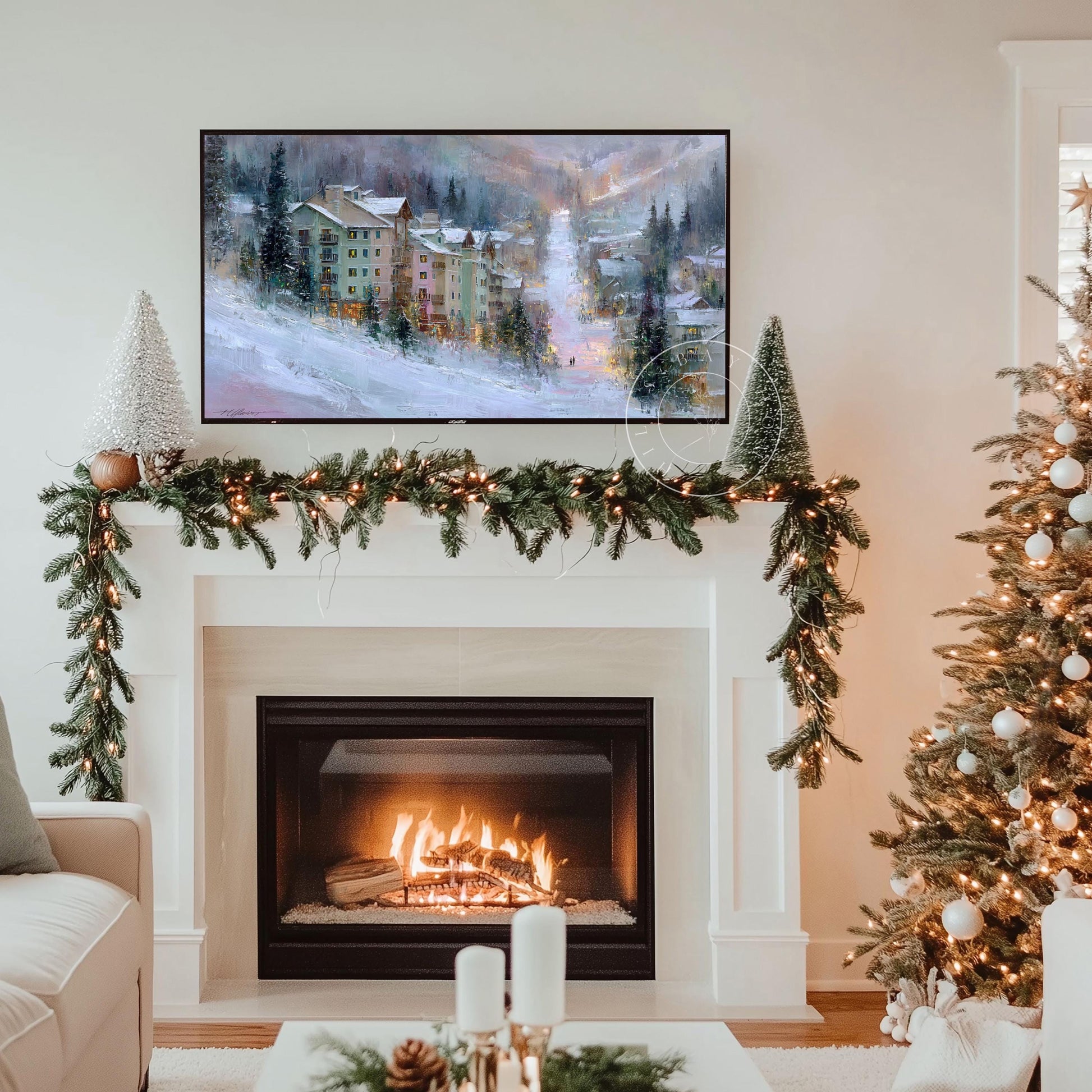 Ski Village Frame Tv Art, Digital Download Art for Frame Tv, Winter Tv Art, Ski Tv Art, Painting Frame Tv Art