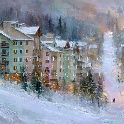 Ski Village Frame Tv Art, Digital Download Art for Frame Tv, Winter Tv Art, Ski Tv Art, Painting Frame Tv Art