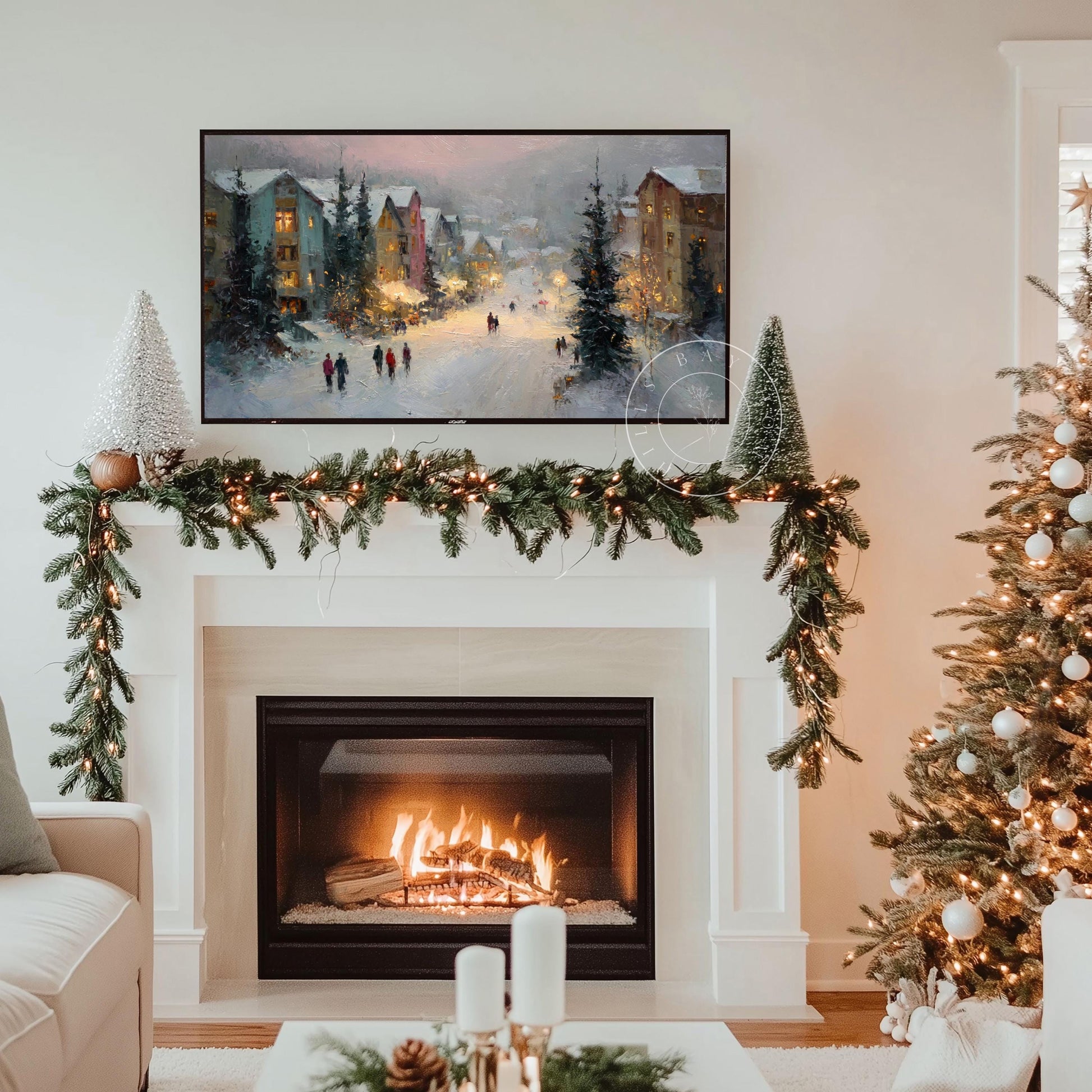 Ski Village Frame Tv Art, Digital Download Art for Frame Tv, Winter Tv Art, Ski Tv Art, Painting Frame Tv Art