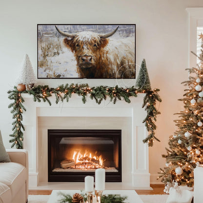 Snowy Highland Cow Frame Tv Art, Digital Download Art for Frame Tv, Winter Tv Art, Painting Frame Tv Art