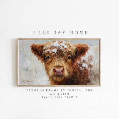 Snowy Highland Calf Frame Tv Art, Digital Download Art for Frame Tv, Winter Tv Art, Painting Frame Tv Art