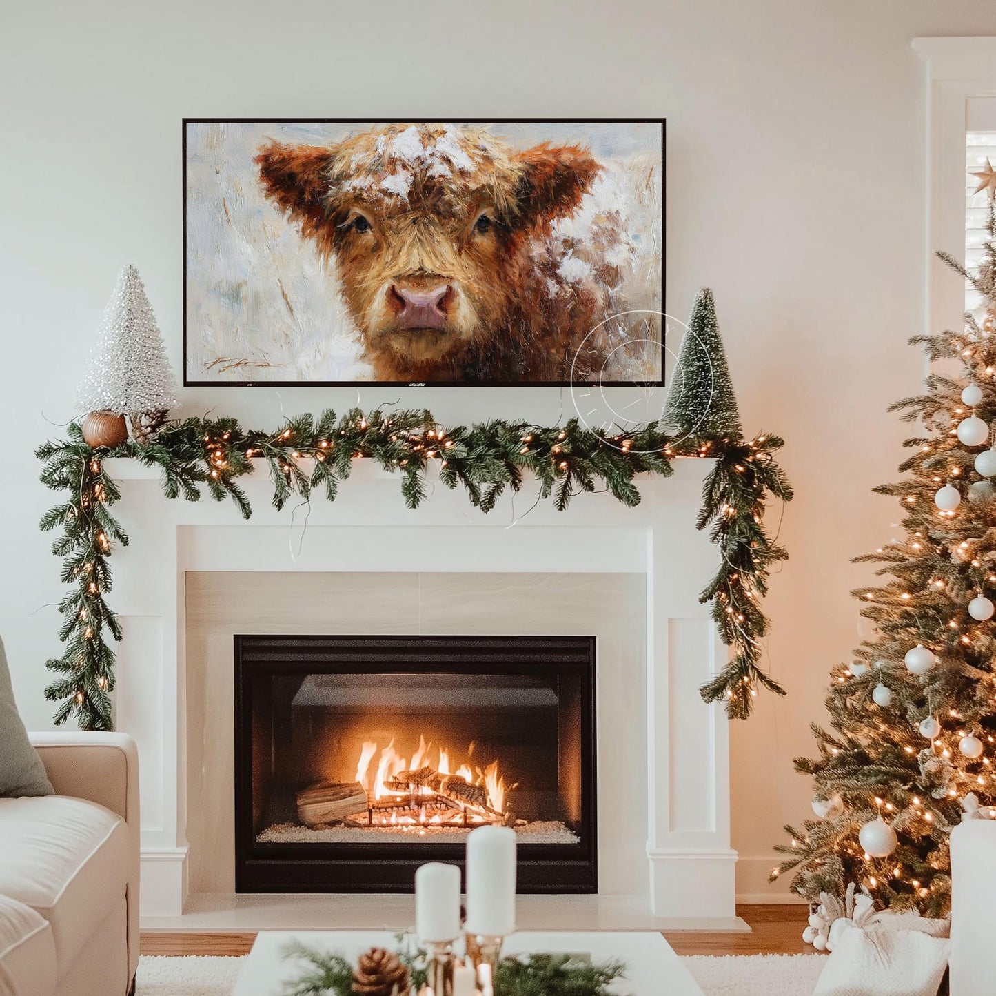 Snowy Highland Calf Frame Tv Art, Digital Download Art for Frame Tv, Winter Tv Art, Painting Frame Tv Art