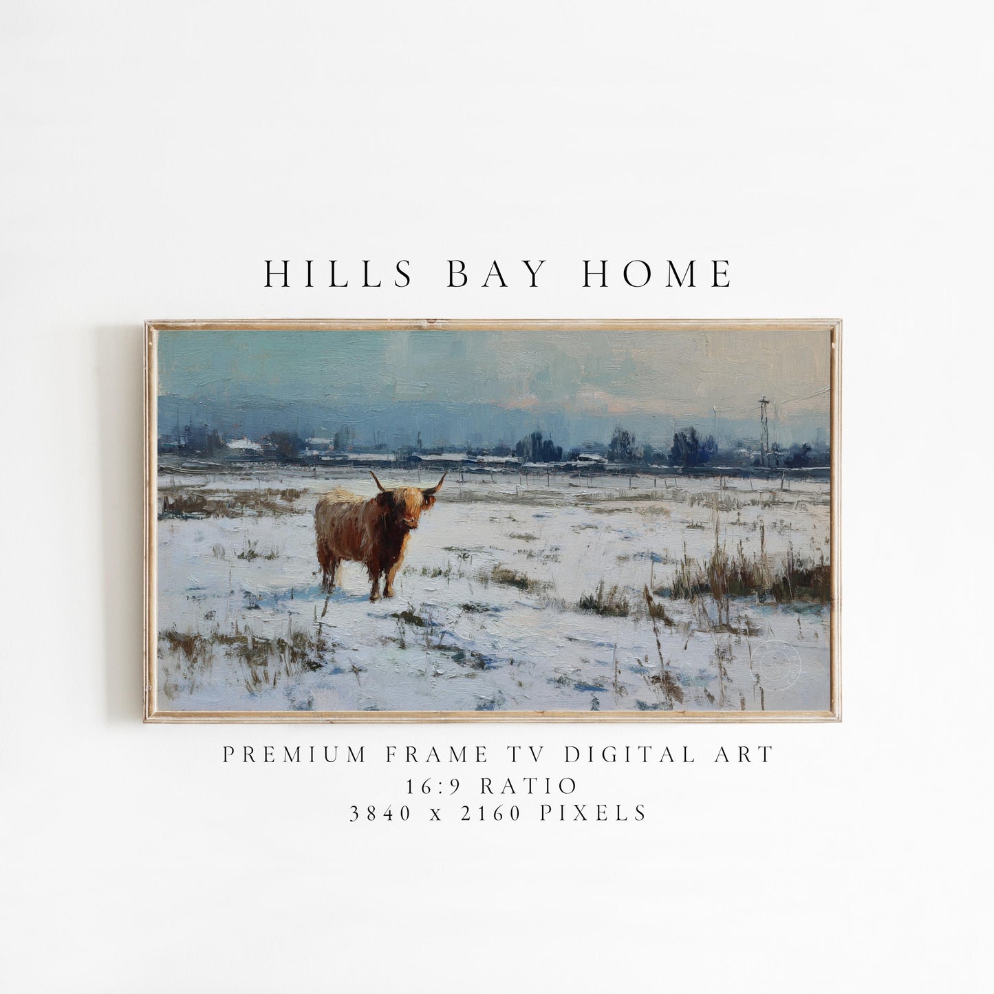 Snowy Highland Cow Frame Tv Art, Digital Download Art for Frame Tv, Winter Tv Art, Painting Frame Tv Art