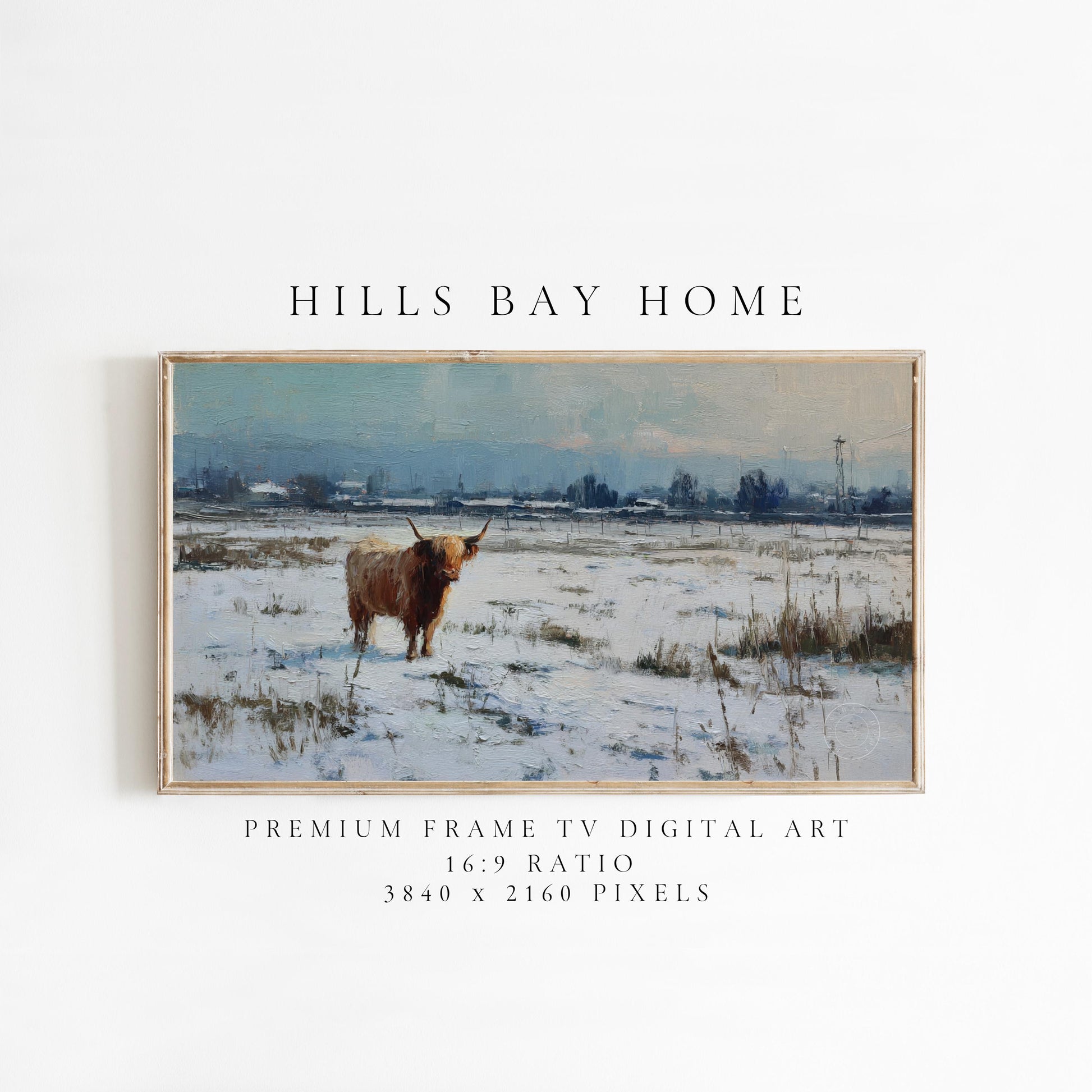 Snowy Highland Cow Frame Tv Art, Digital Download Art for Frame Tv, Winter Tv Art, Painting Frame Tv Art