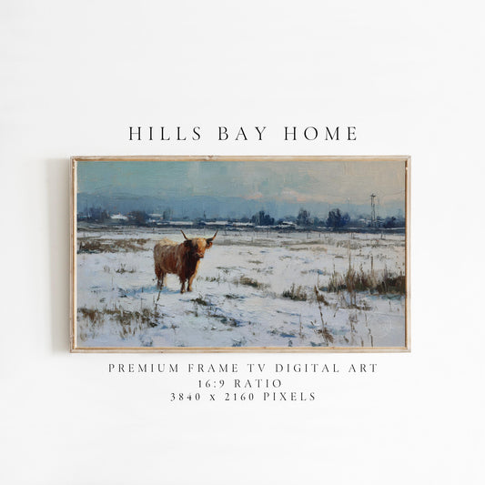 Snowy Highland Cow Frame Tv Art, Digital Download Art for Frame Tv, Winter Tv Art, Painting Frame Tv Art