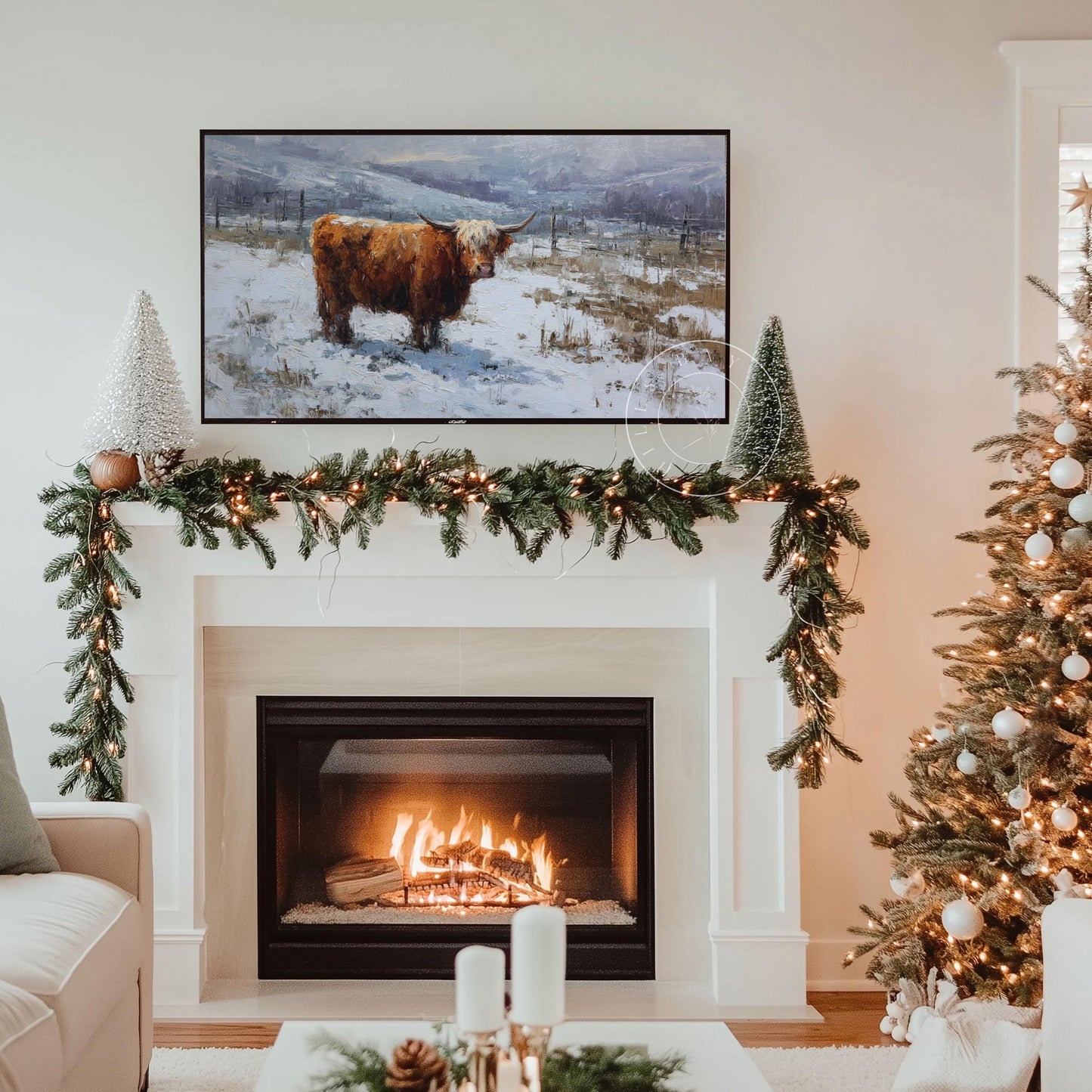Snowy Highland Cow Frame Tv Art, Digital Download Art for Frame Tv, Winter Tv Art, Painting Frame Tv Art