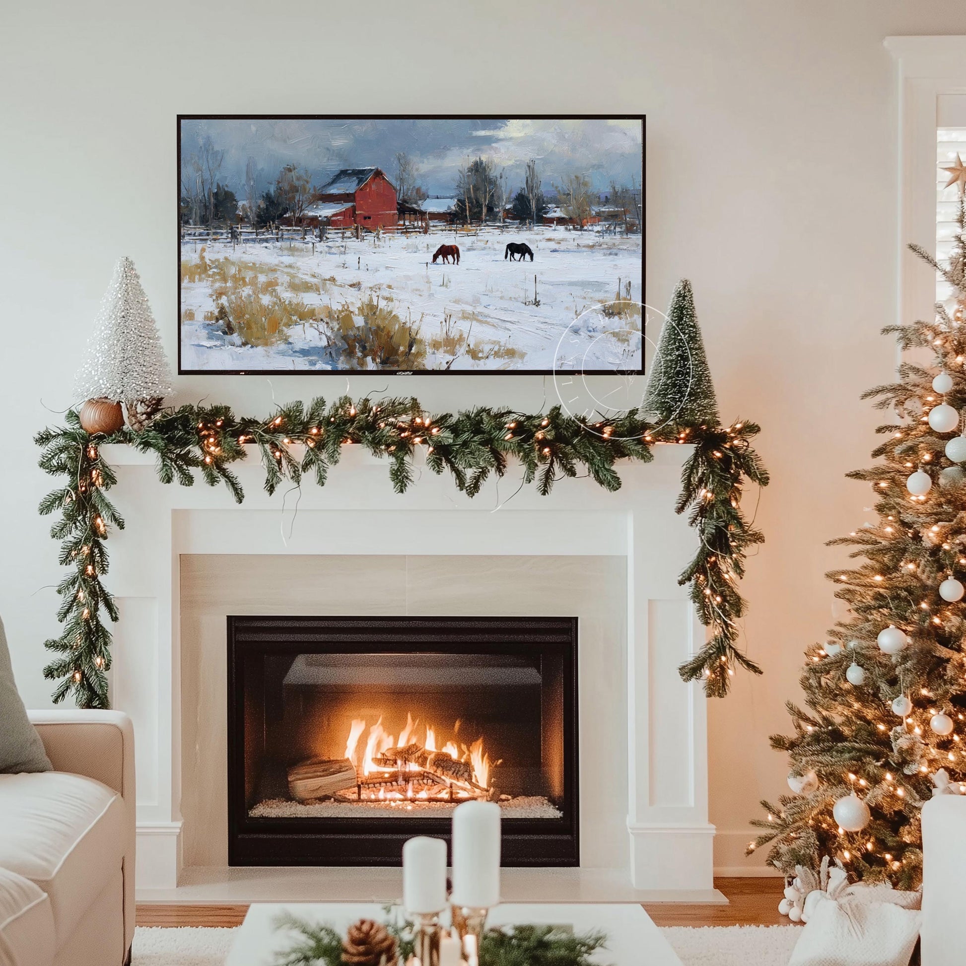Snowy Horse Pasture Frame Tv Art, Digital Download Art for Frame Tv, Winter Tv Art, Painting Frame Tv Art