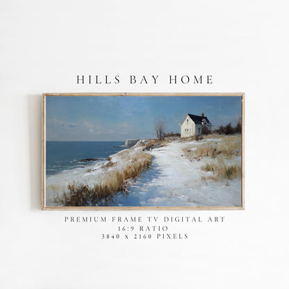 Snowy Coastal Cottage Frame Tv Art, Digital Download Art for Frame Tv, Winter Tv Art, Painting Frame Tv Art