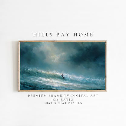 Stormy Surf Frame Tv Art, Digital Download Art for Frame Tv, Surfer Tv Art, Coastal Frame Tv Art, Ocean Tv Art